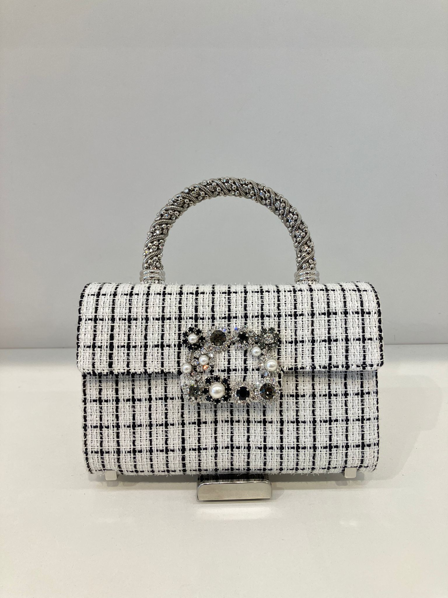 Roger Vivier RV Bags Strass tweed weave Top Handle bag Black and White