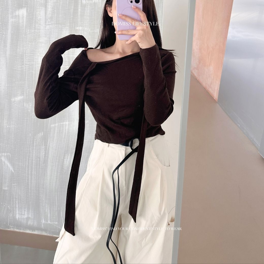 【簡約氣質款】DOMISS簡約垂領綁帶長袖上衣-4色 入秋必備氣質款 長袖T恤 磨毛上衣