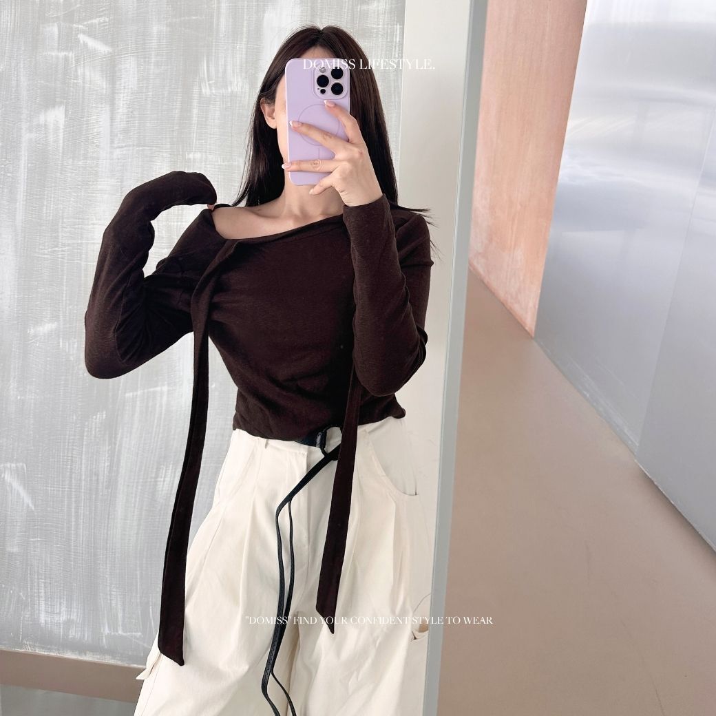 【簡約氣質款】DOMISS簡約垂領綁帶長袖上衣-4色 入秋必備氣質款 長袖T恤 磨毛上衣