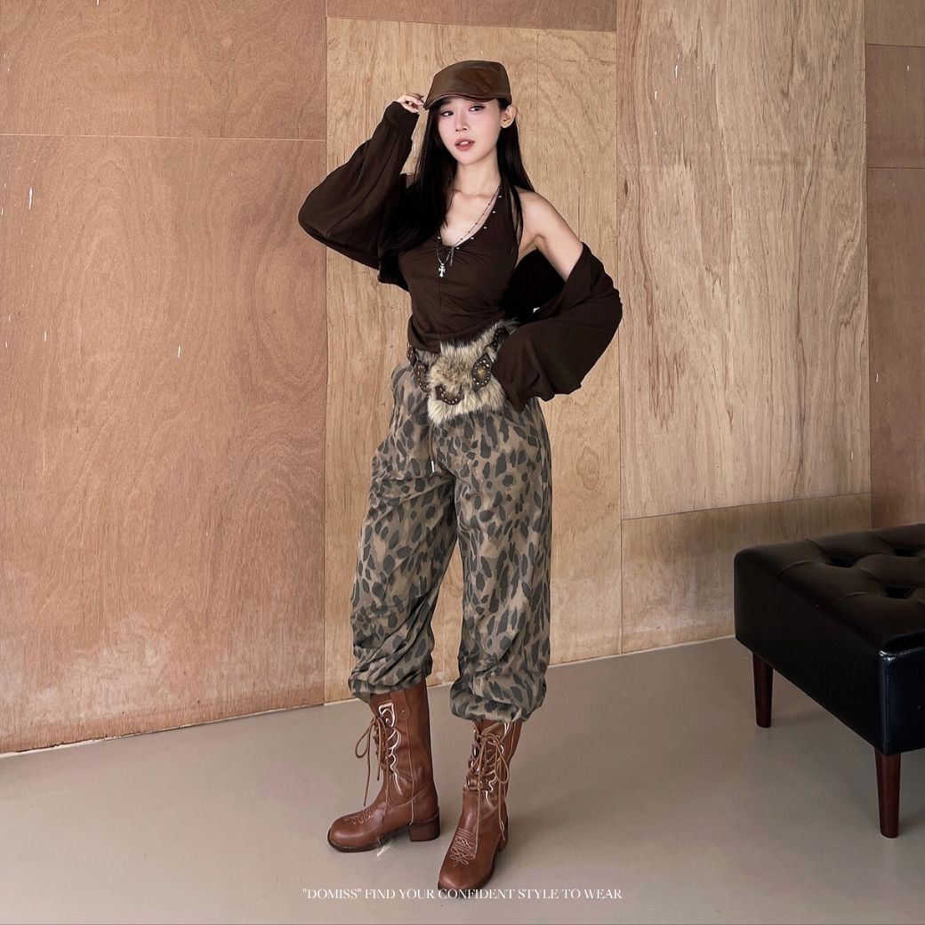 【韓國街頭】DOMISS豹紋工裝褲 復古刷色Y2K長褲 街頭辣妹 秋冬長褲 工裝褲 彎刀褲(現貨)