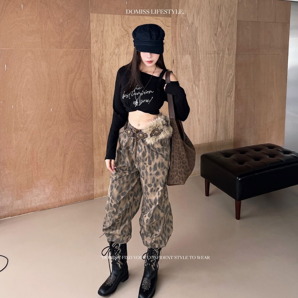 【韓國街頭】DOMISS豹紋工裝褲 復古刷色Y2K長褲 街頭辣妹 秋冬長褲 工裝褲 彎刀褲(現貨)