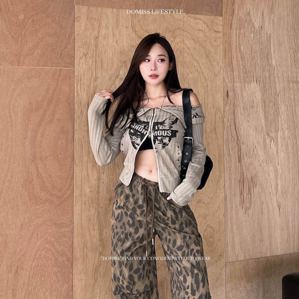 【貓咪辣妹款】DOMISS個性印花針織拉鍊上衣 復古街頭感長袖 針織上衣 外罩衫