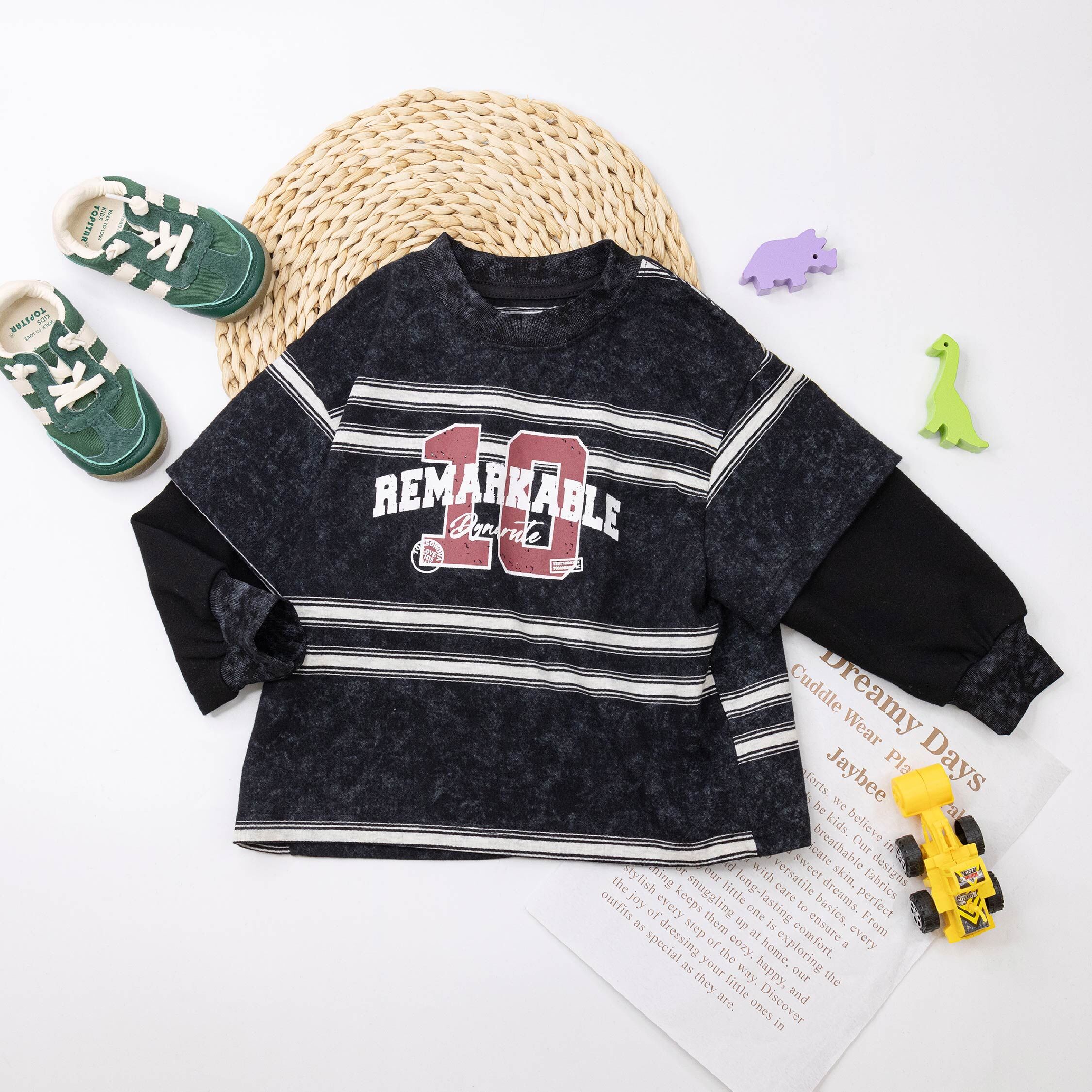 【H55462】美式斑駁印花條紋拼接袖上衣