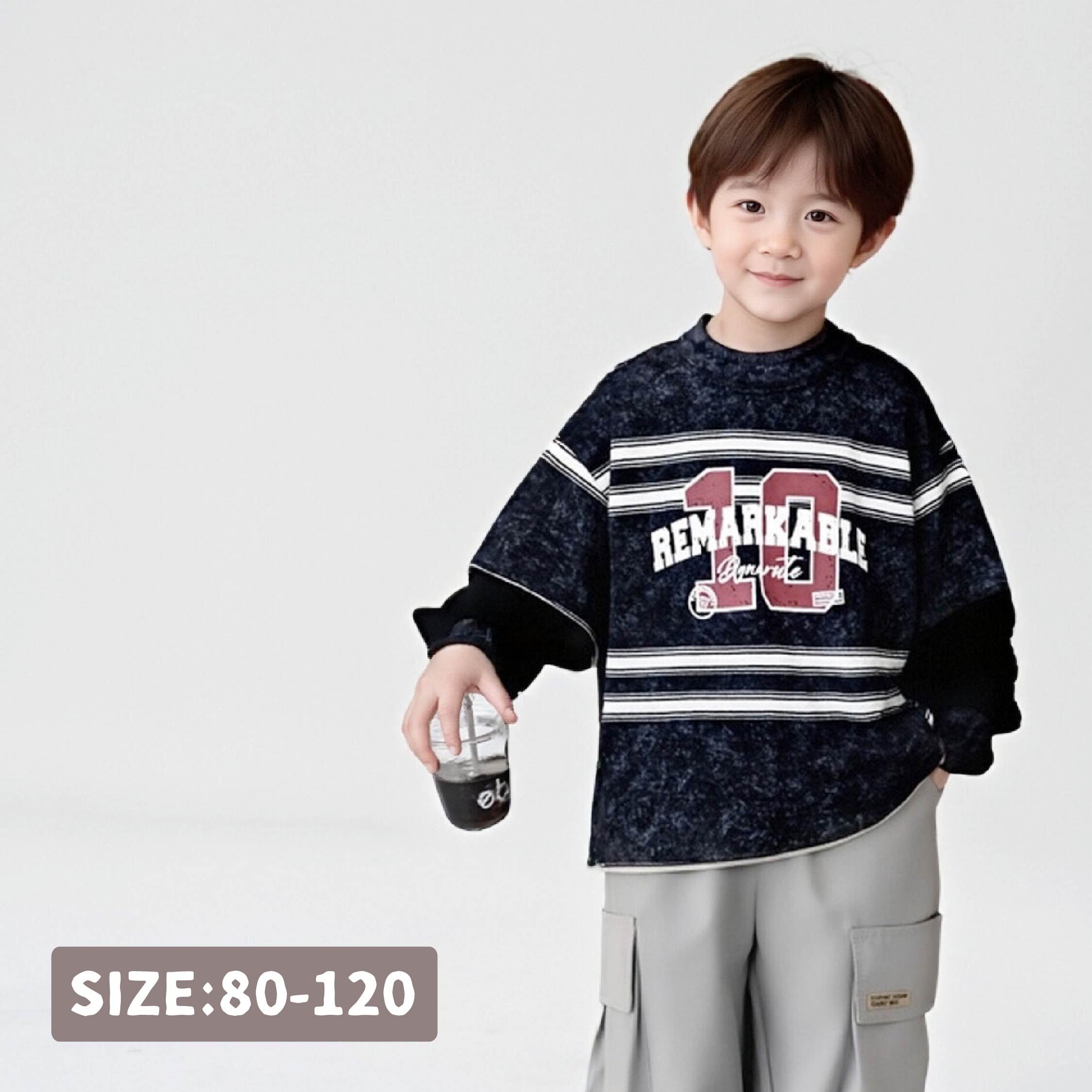 【H55462】美式斑駁印花條紋拼接袖上衣