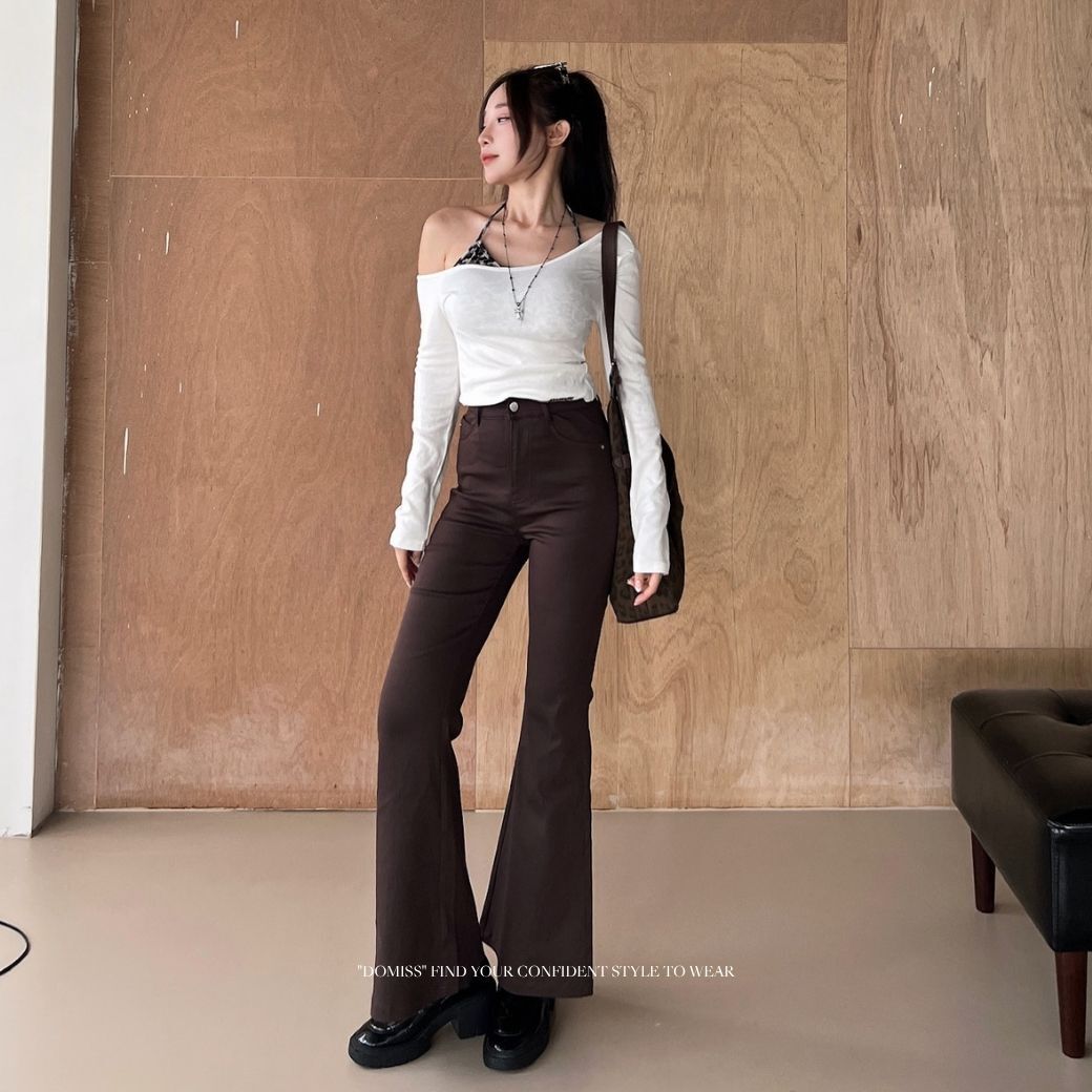 【質感訂製款】DOMISS咖色顯瘦喇叭褲 高彈挺版型 韓系 氣質長褲(現貨)