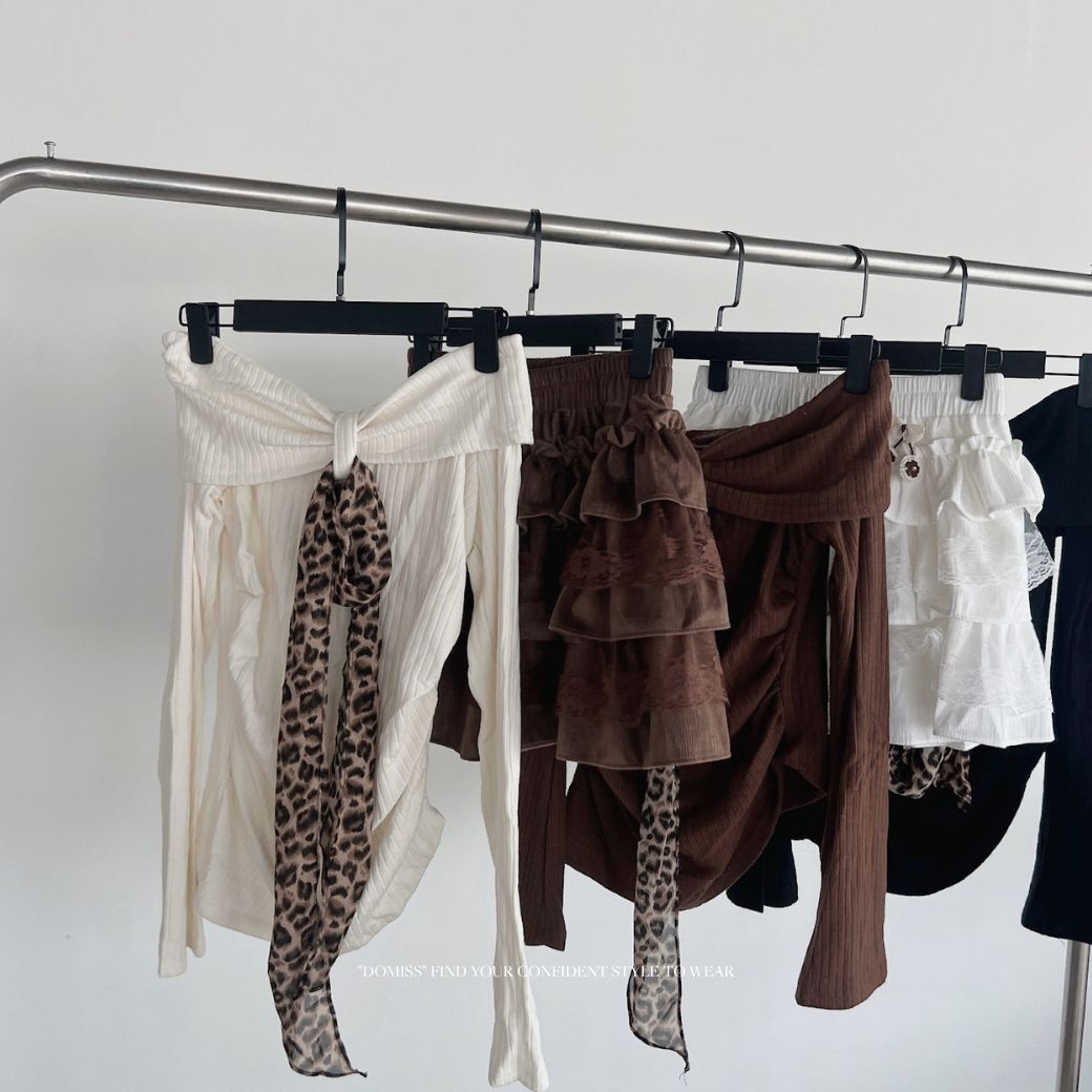 【法式甜辣】DOMISS豹紋絲巾露肩上衣 針織上衣 慵懶設計 秋冬氣質百搭上衣-3色(現貨)