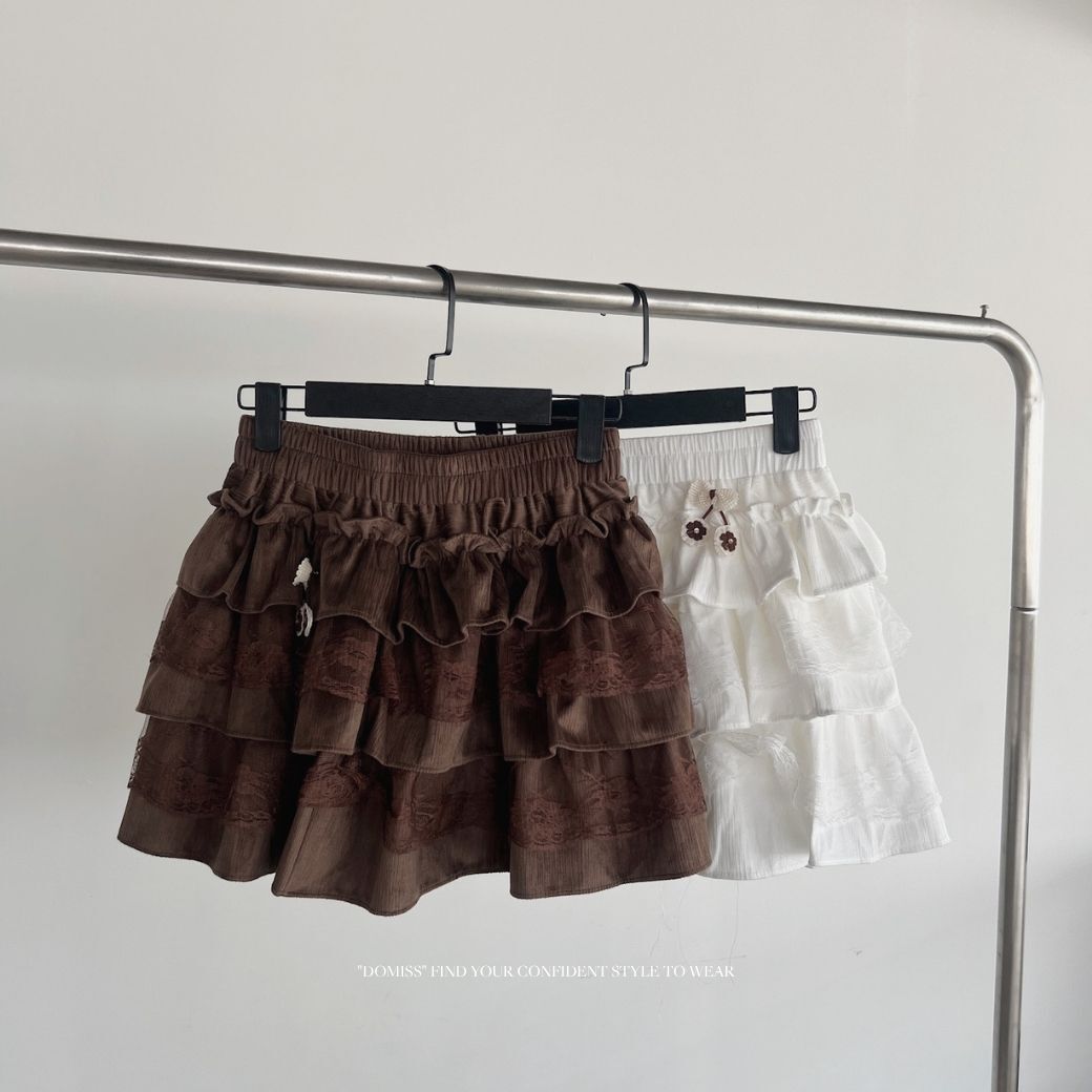 【蕾絲層次蛋糕裙】DOMISS秋冬絨面 法式澎澎 層次短裙 秋冬絨面蕾絲短裙-2色(現貨)
