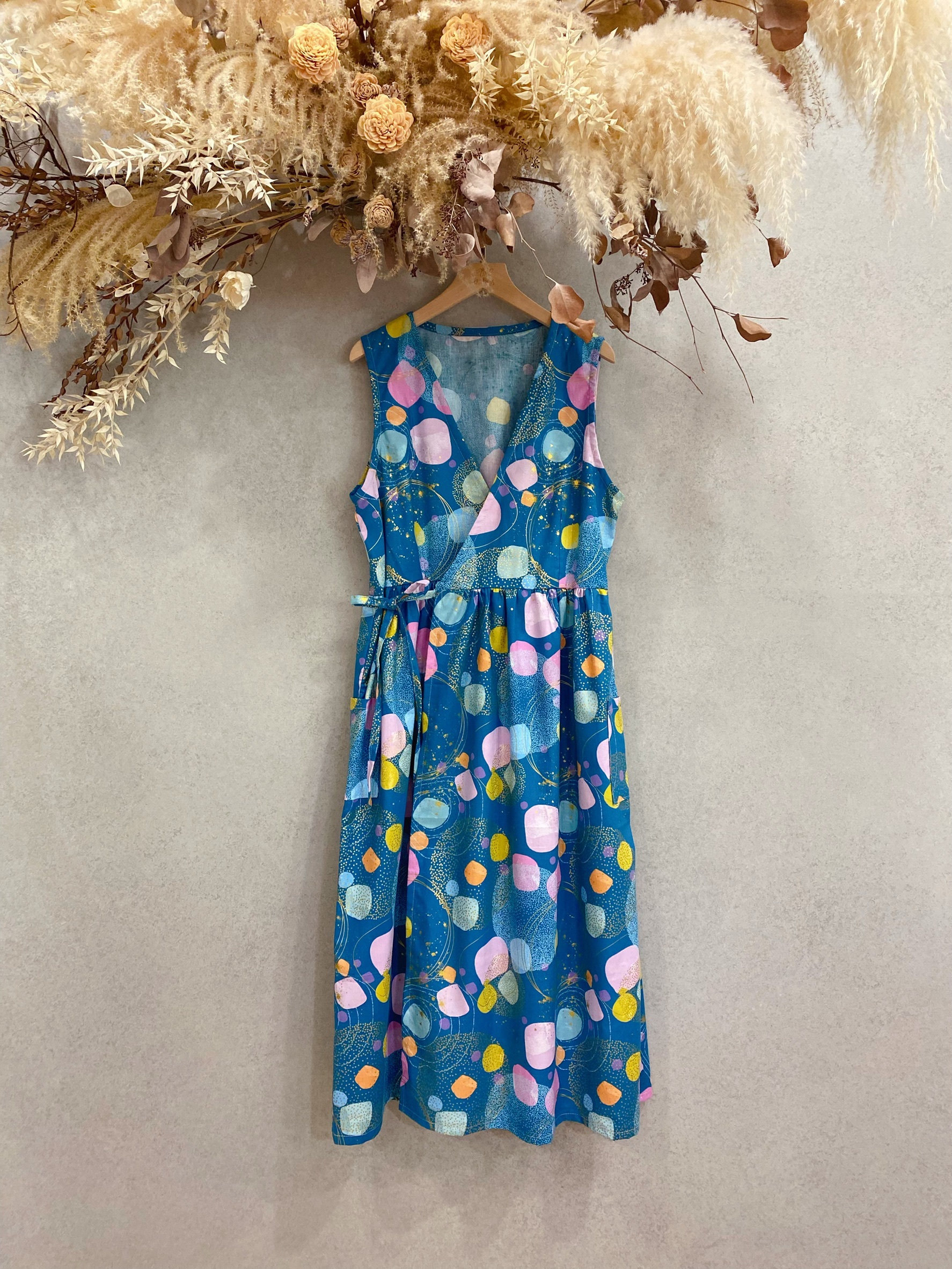 藍綠燙金圈圈 背心長罩衫洋裝