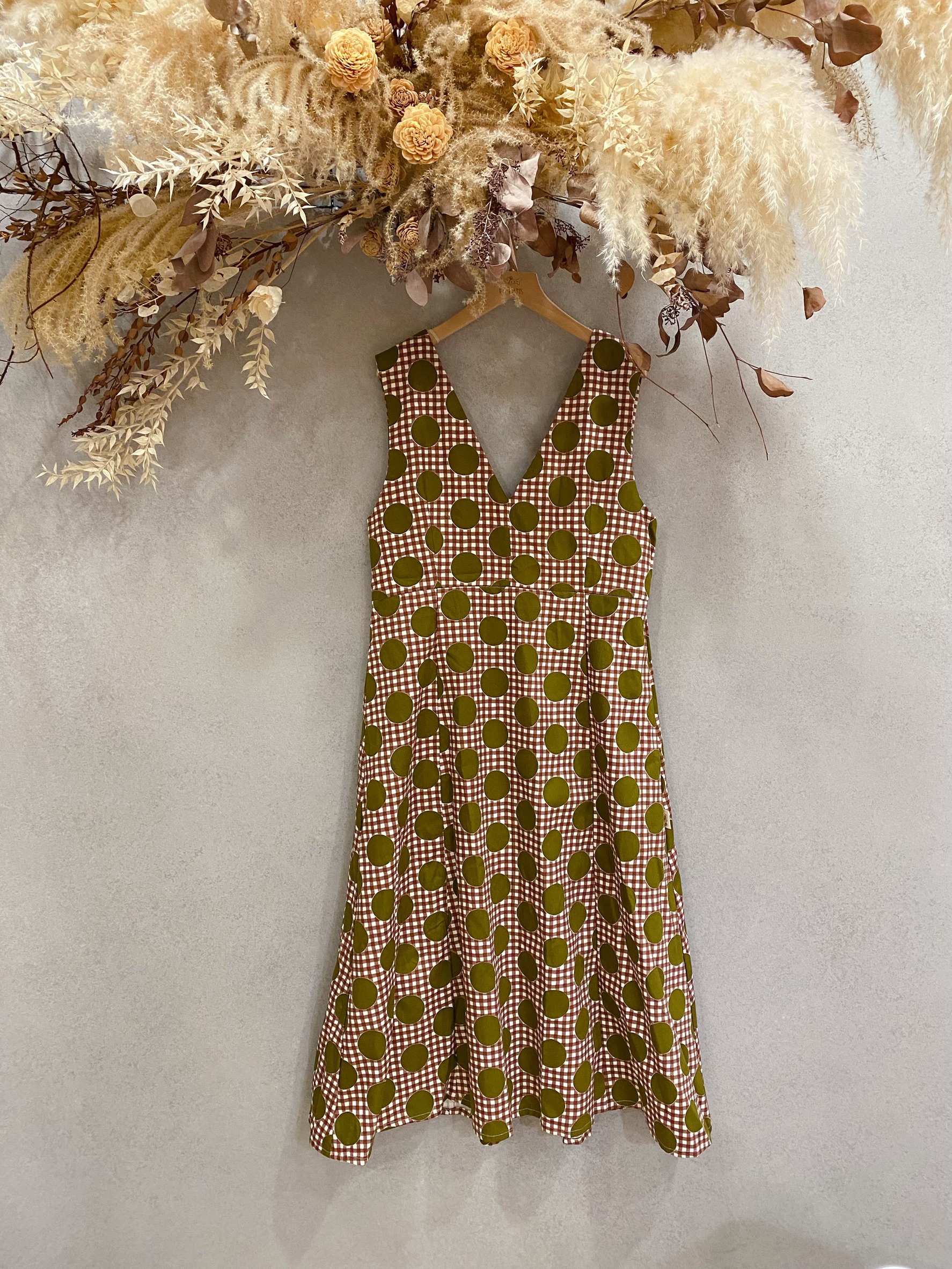 棕格紋圈圈 扭結長洋裝