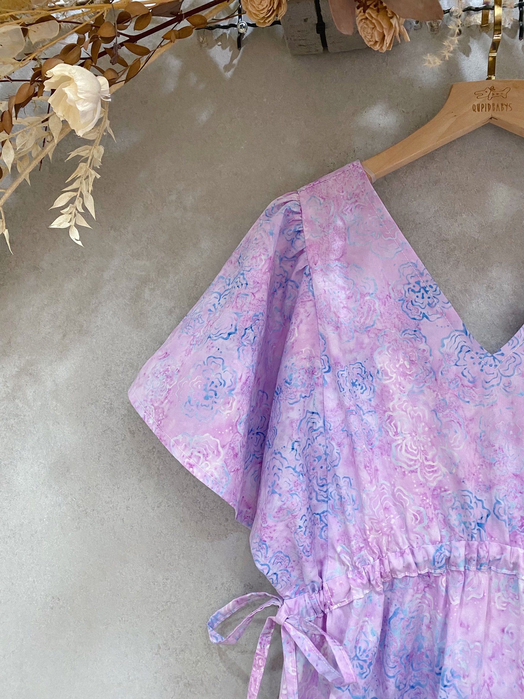 紫蠟染 媽咪雙v雲朵短袖長洋裝