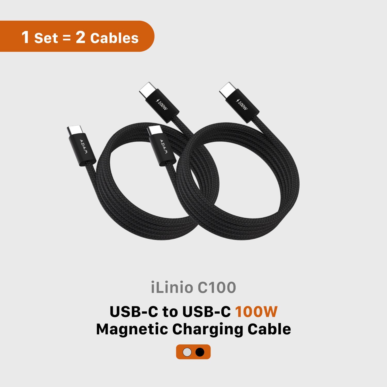 iLinio C100 USB-C to USB-C 100W Magnetic Charging Cable (2-Pack)