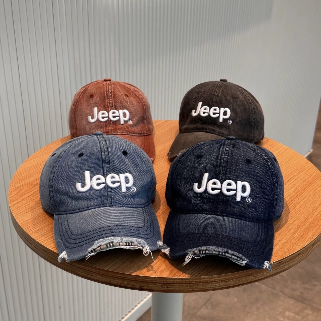 Jeep 吉普 立體刺繡 單寧仿舊復古刷破設計 格紋 可調節後扣 牛仔帽 棒球帽 遮陽帽 小臉帽 老帽 6種配色