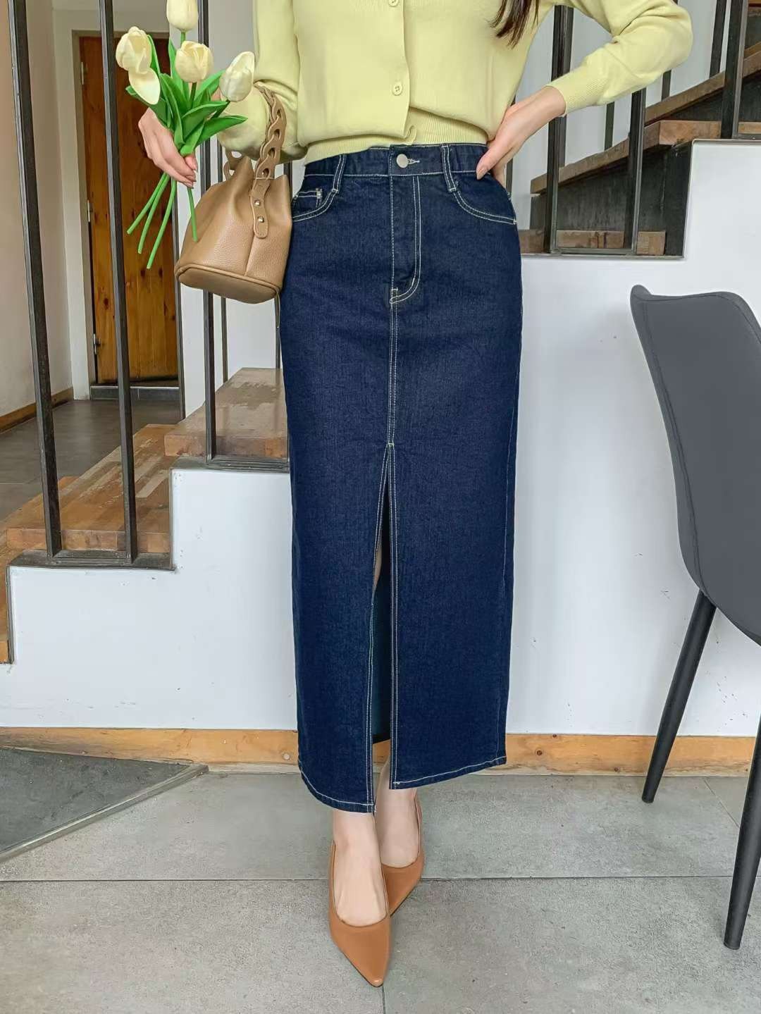 1040深藍前後大開衩長裙