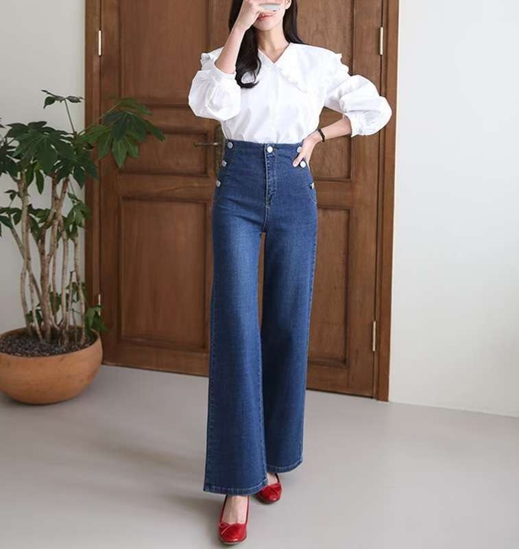 無褲頭銀釦牛仔直筒長褲