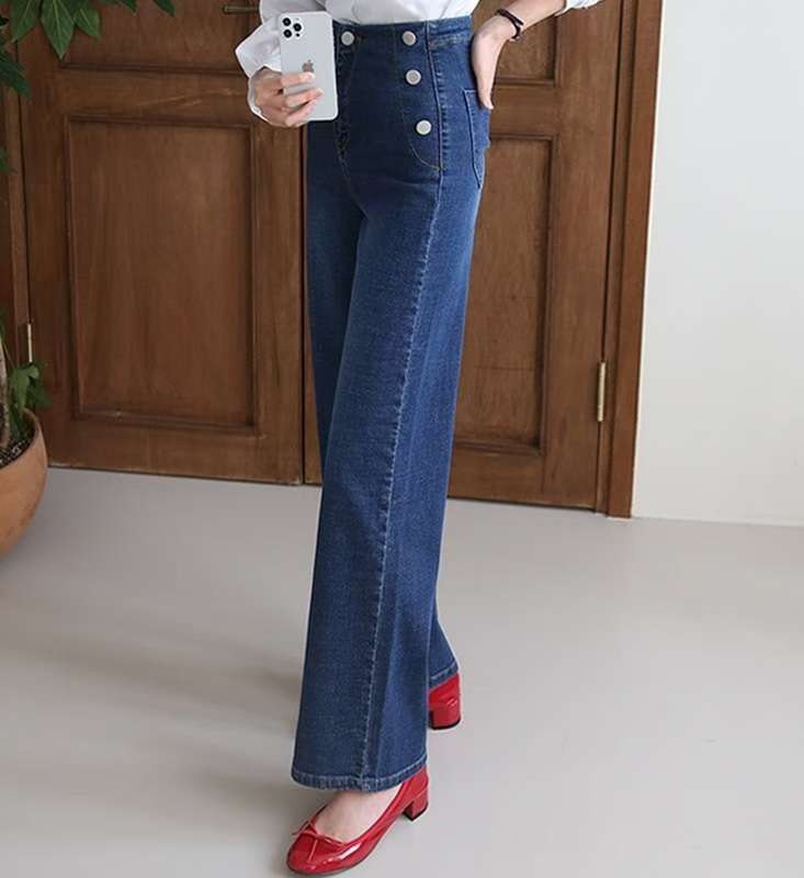 無褲頭銀釦牛仔直筒長褲