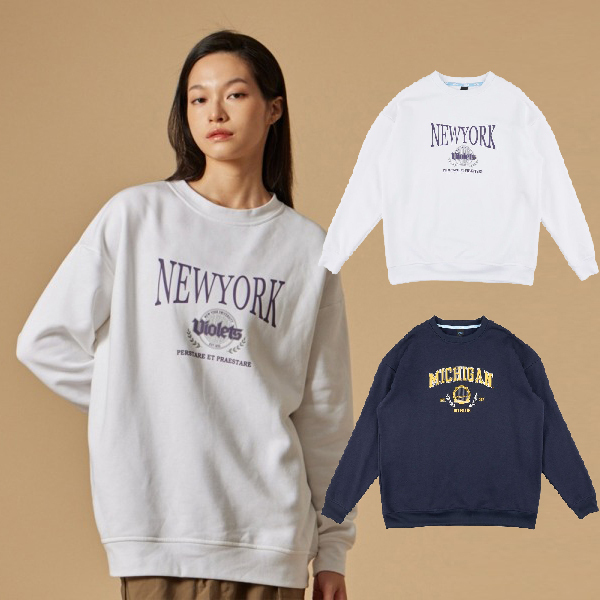 NCAA TEE 白色 深藍色 紐約 密西根 圓領 休閒 基本 印花 內刷毛 長袖 長T 大學T【7355102】