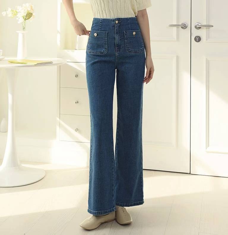 金釦平口袋無褲頭牛仔長褲