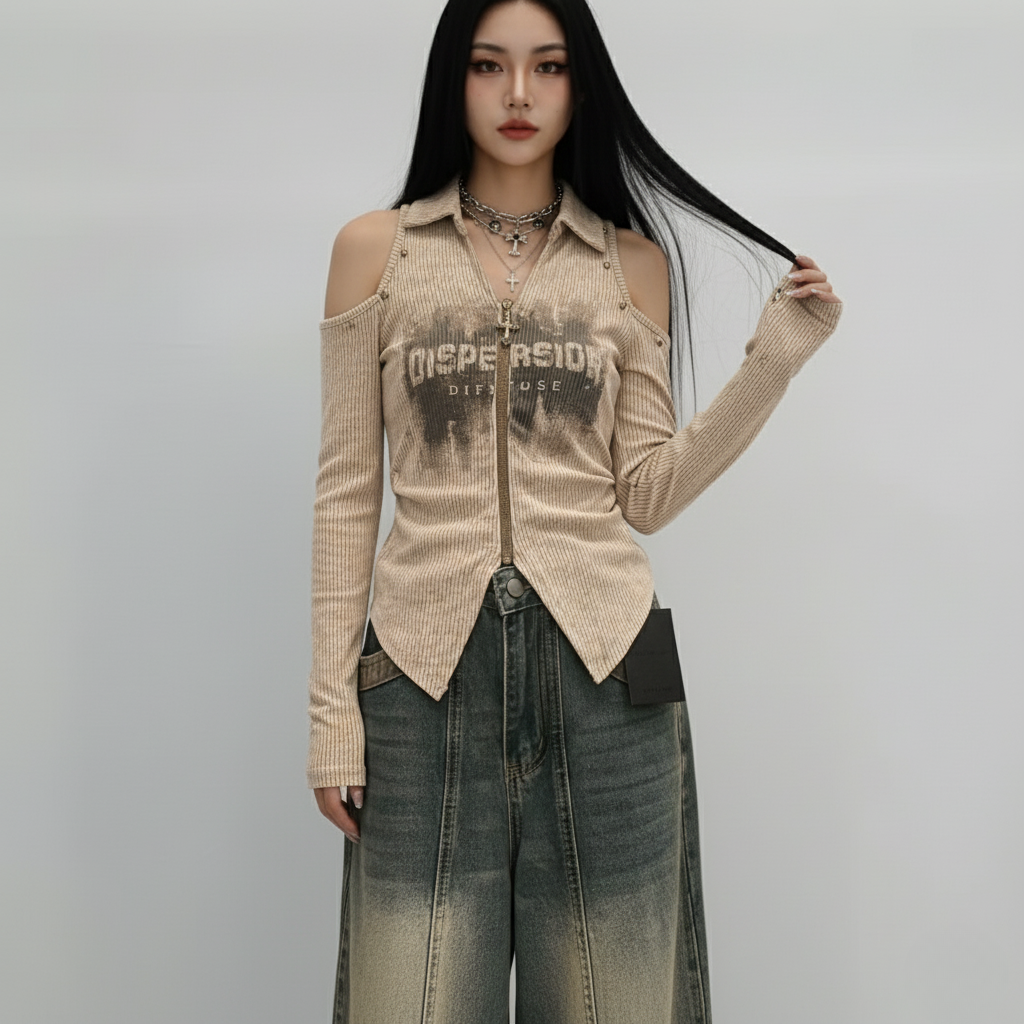 拉鍊挖肩坑條衫