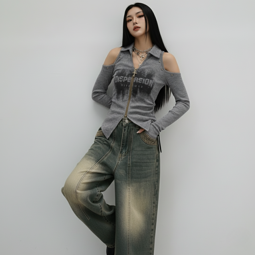 拉鍊挖肩坑條衫