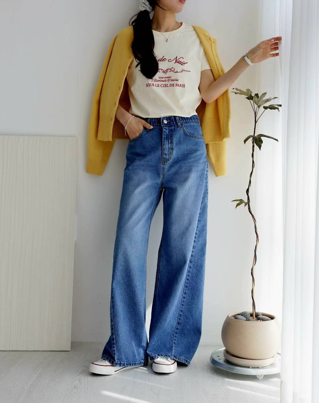 寬管斜切鬆緊褲頭牛仔長褲