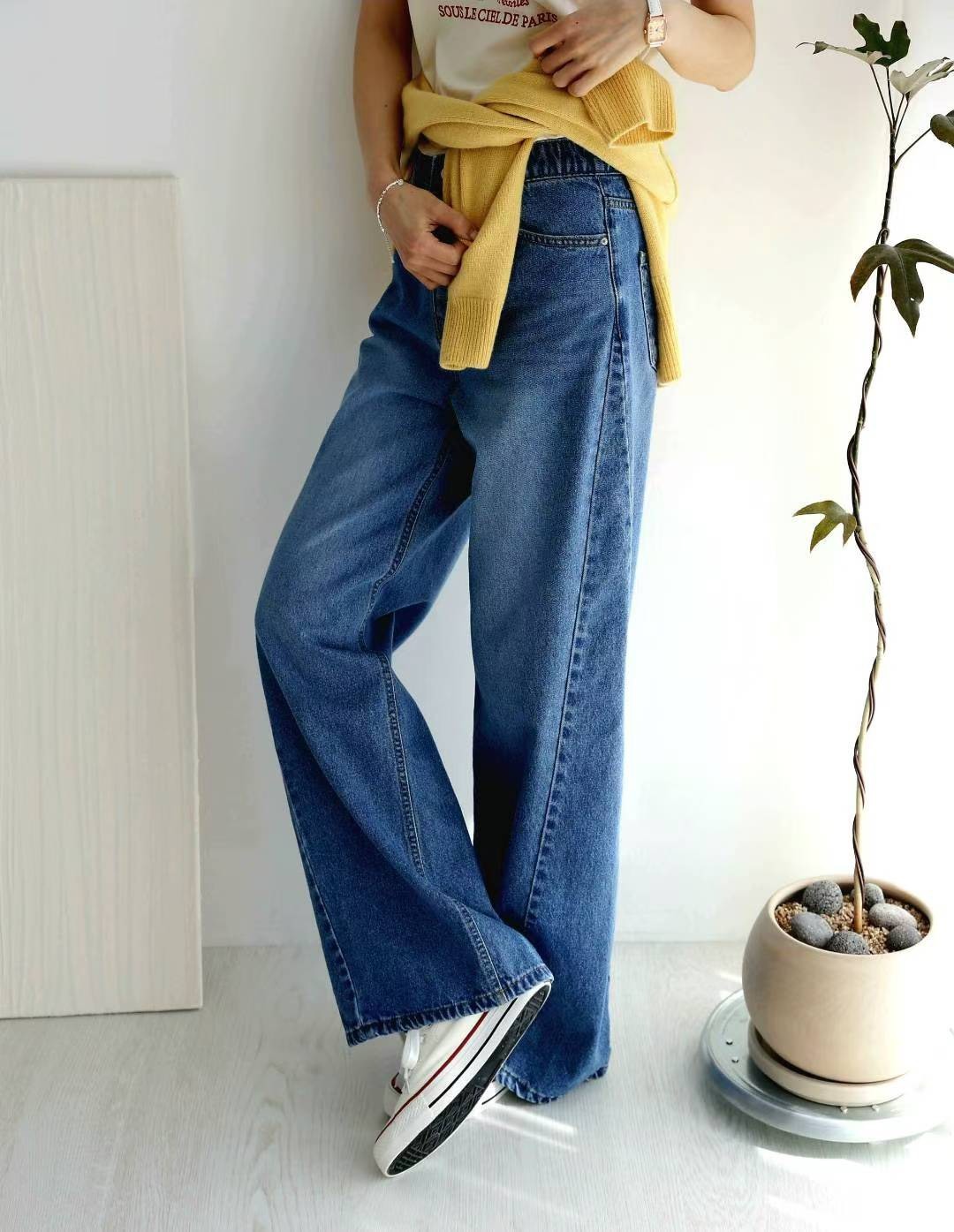 寬管斜切鬆緊褲頭牛仔長褲