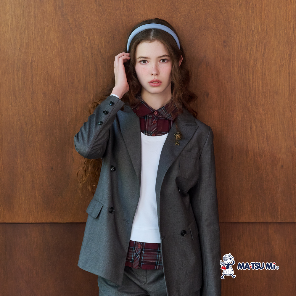 MA‧TSU Mi 學院風假兩件格紋刺繡長袖棉上衣(白.深藍)