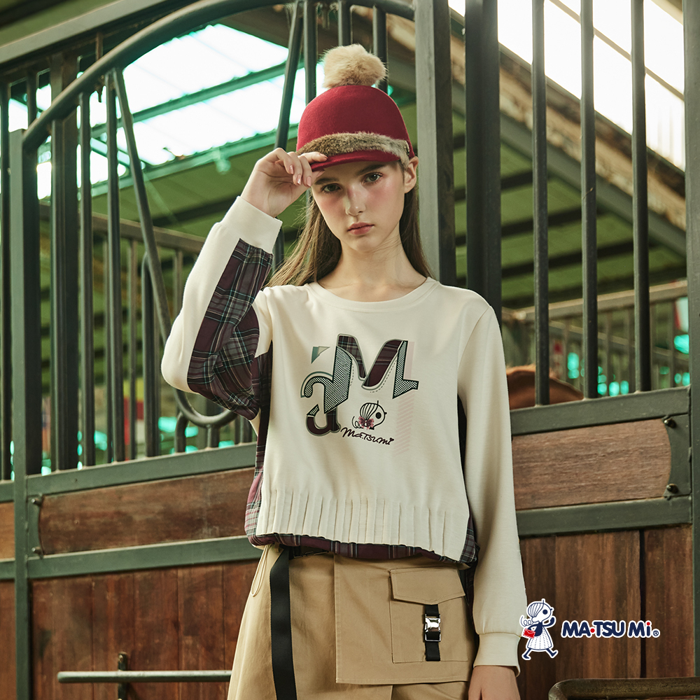 MA‧TSU Mi 學院風拼接格紋壓褶抽繩印花設計長袖上衣(米白.深藍)