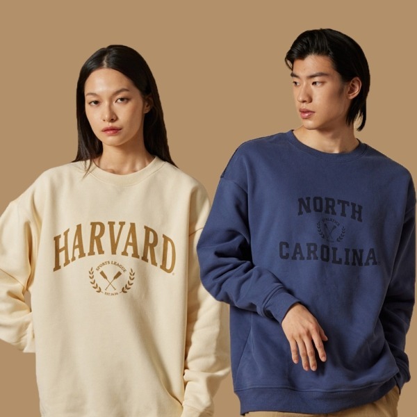 NCAA TEE 藍色 杏色 哈佛 北卡 圓領 休閒 基本 刷毛 拼接 長袖 長T 大學T【7355101】