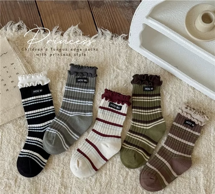 雙色條紋雙層木耳襪