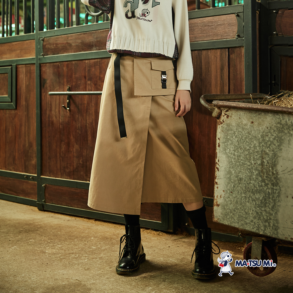 MA‧TSU Mi 微植絨不對稱工裝剪裁編織腰帶設計半身裙(卡.深灰)