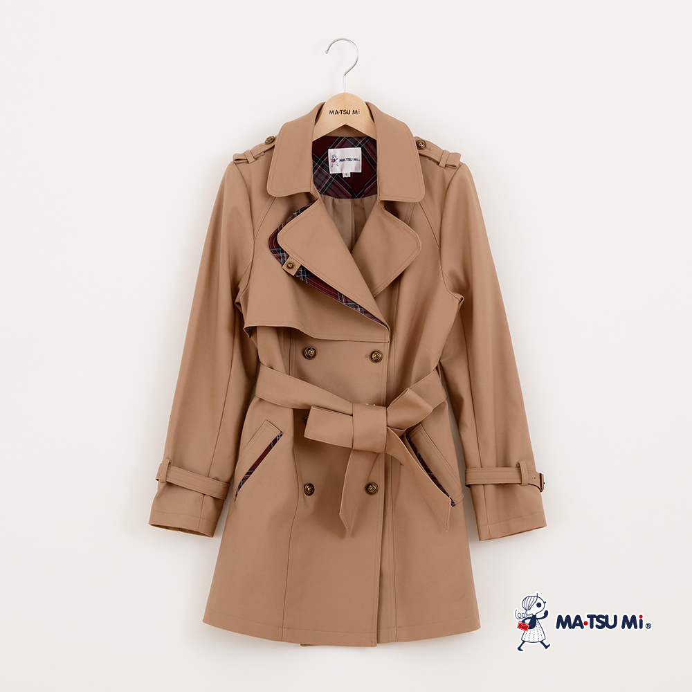 MA‧TSU Mi 學院風經典格紋雙排釦大翻領腰帶風衣外套(卡.深藍)