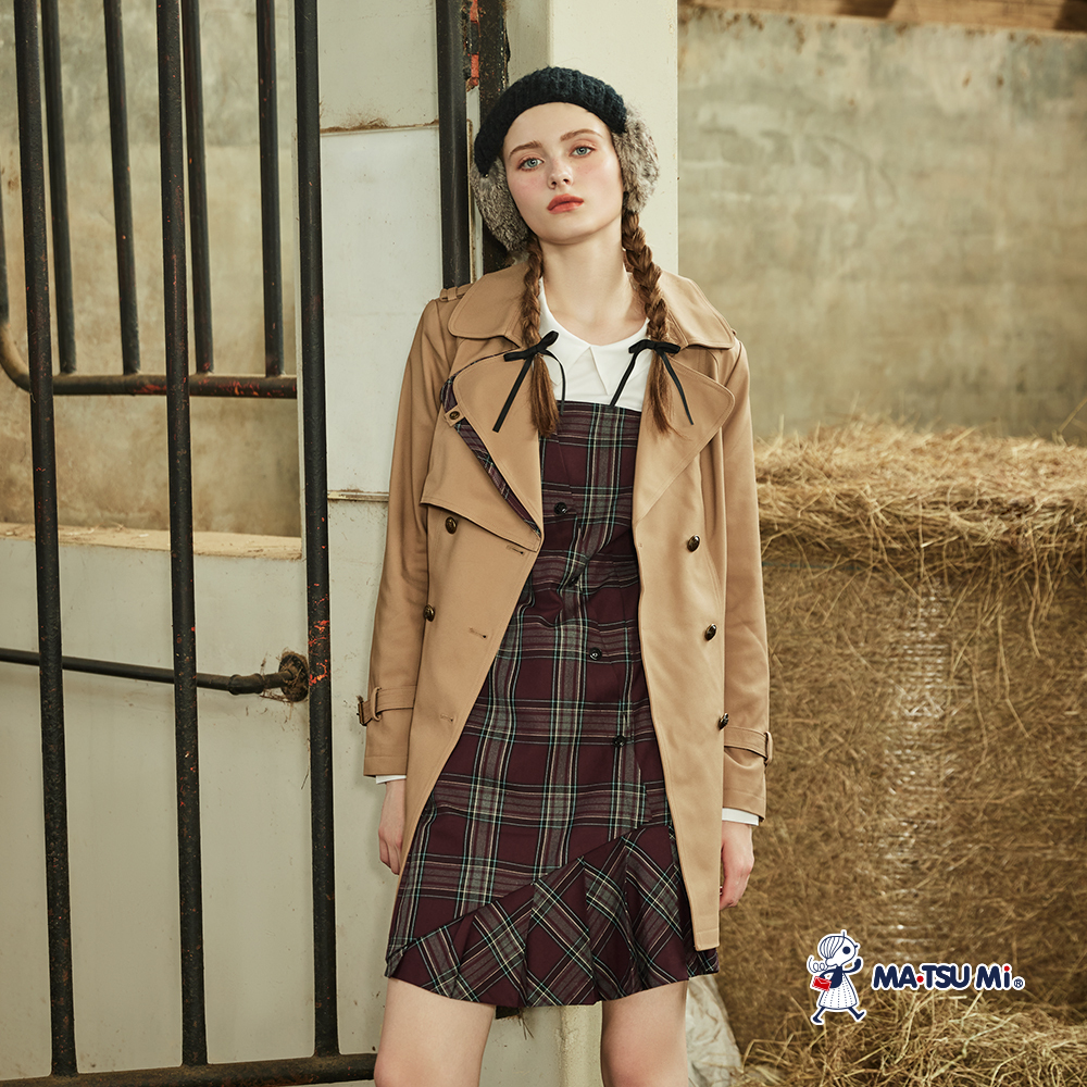 MA‧TSU Mi 學院風經典格紋雙排釦大翻領腰帶風衣外套(卡.深藍)