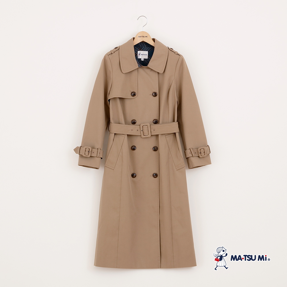 MA‧TSU Mi 純棉長版雙排釦大翻領腰帶風衣外套(卡.深藍)