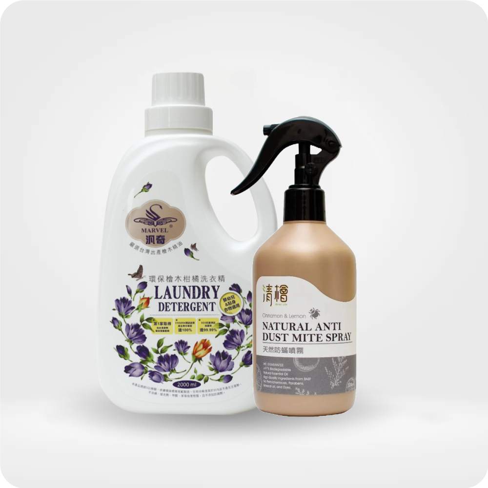 【雙效防蟎潔淨組】汎奇環保檜木柑橘洗衣精2000ml+清檜天然防蟎噴霧300ml