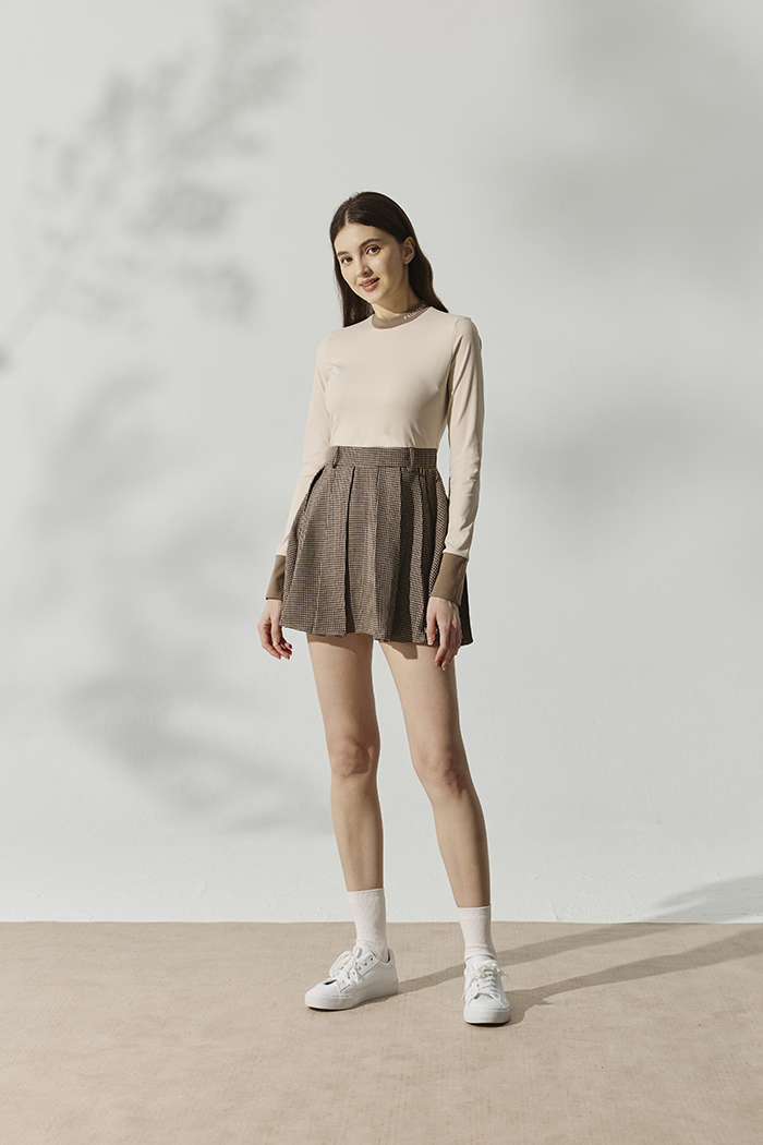 法式馬術拼接連身裙-米棕色