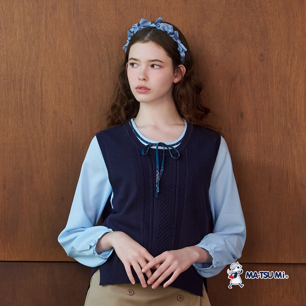 MA‧TSU Mi 學院風格紋公主領雪紡綁帶鬆緊長袖上衣(白.水藍)