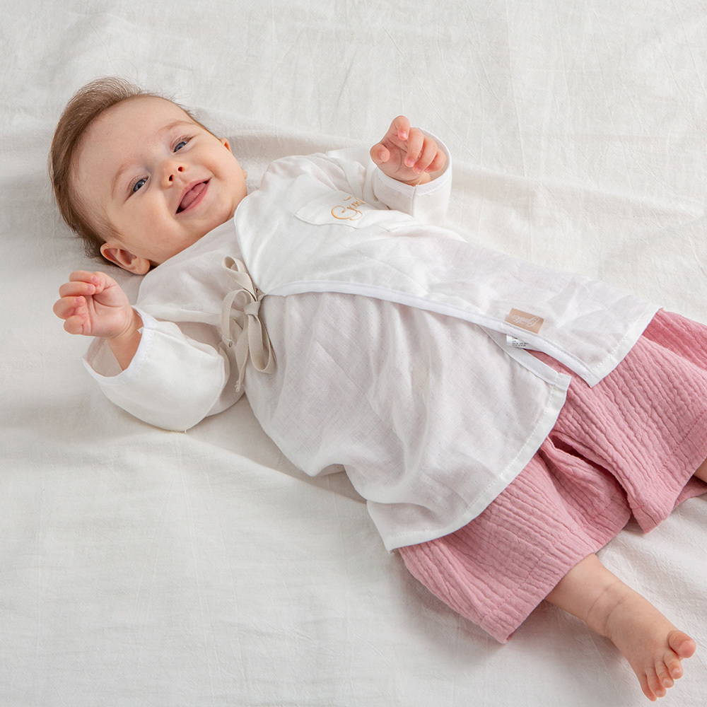 gunite極致棉柔美系列-成長型新生兒紗布衣｜S-M號(3M~3Y ) ｜灰帶白
