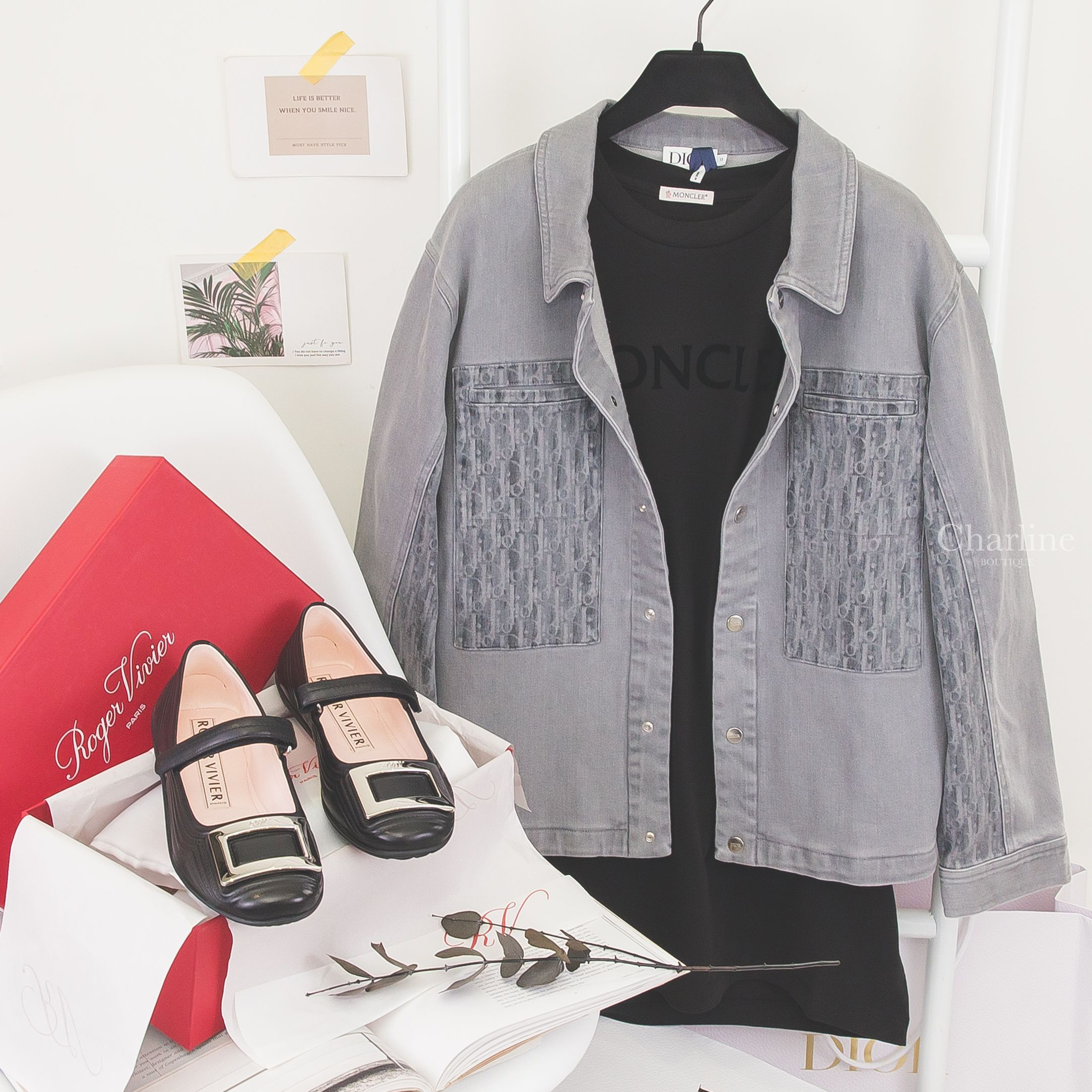 Dior Kids' Jacket 灰色拼接復古水洗老花牛仔棉質童裝長袖外套,Roger Vivier Viv Low Mary Janes In Leather 黑色小牛皮銀色方釦瑪莉珍鞋-Charline Boutique 精品代購