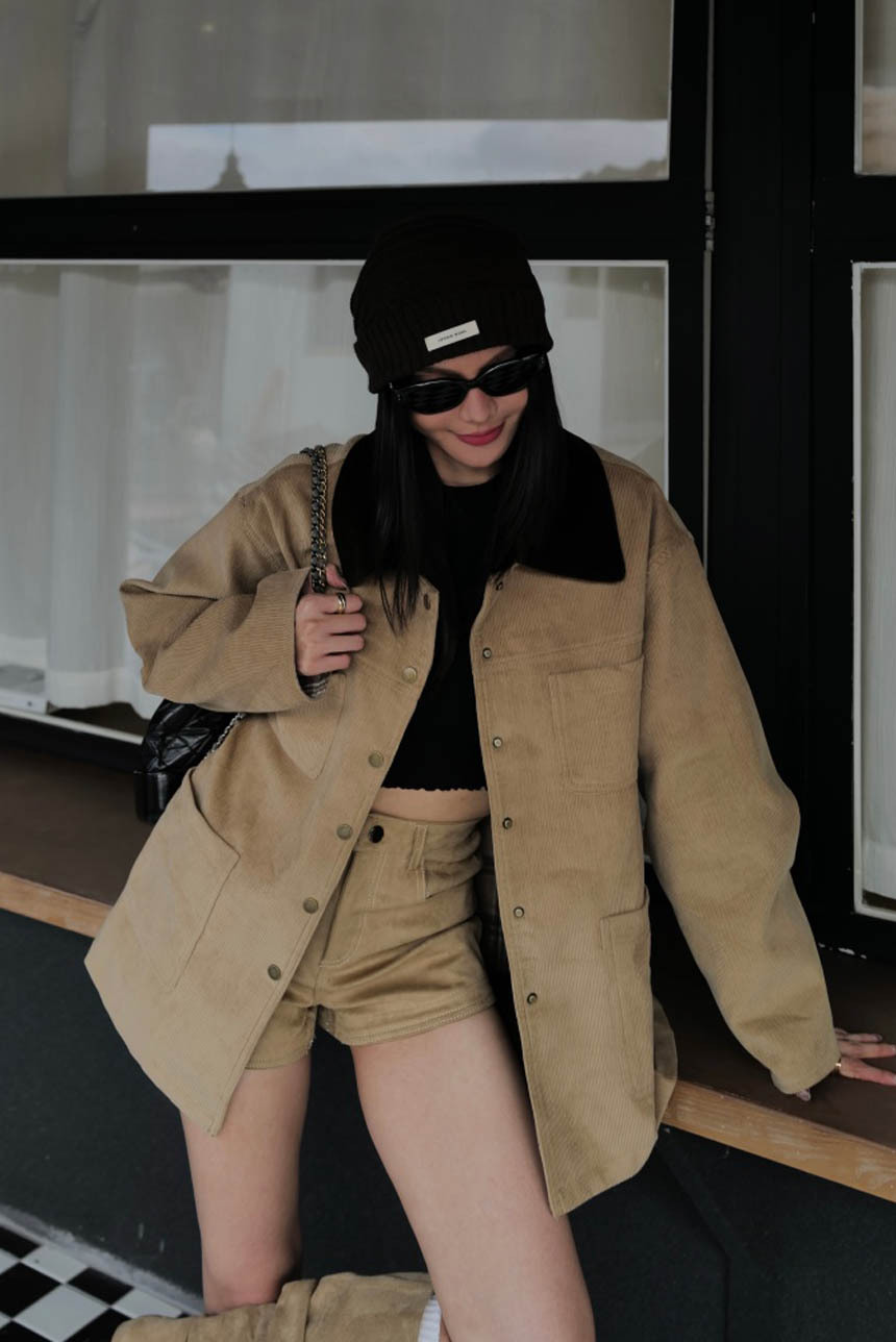 巴恩風燈芯絨拼接格子外套