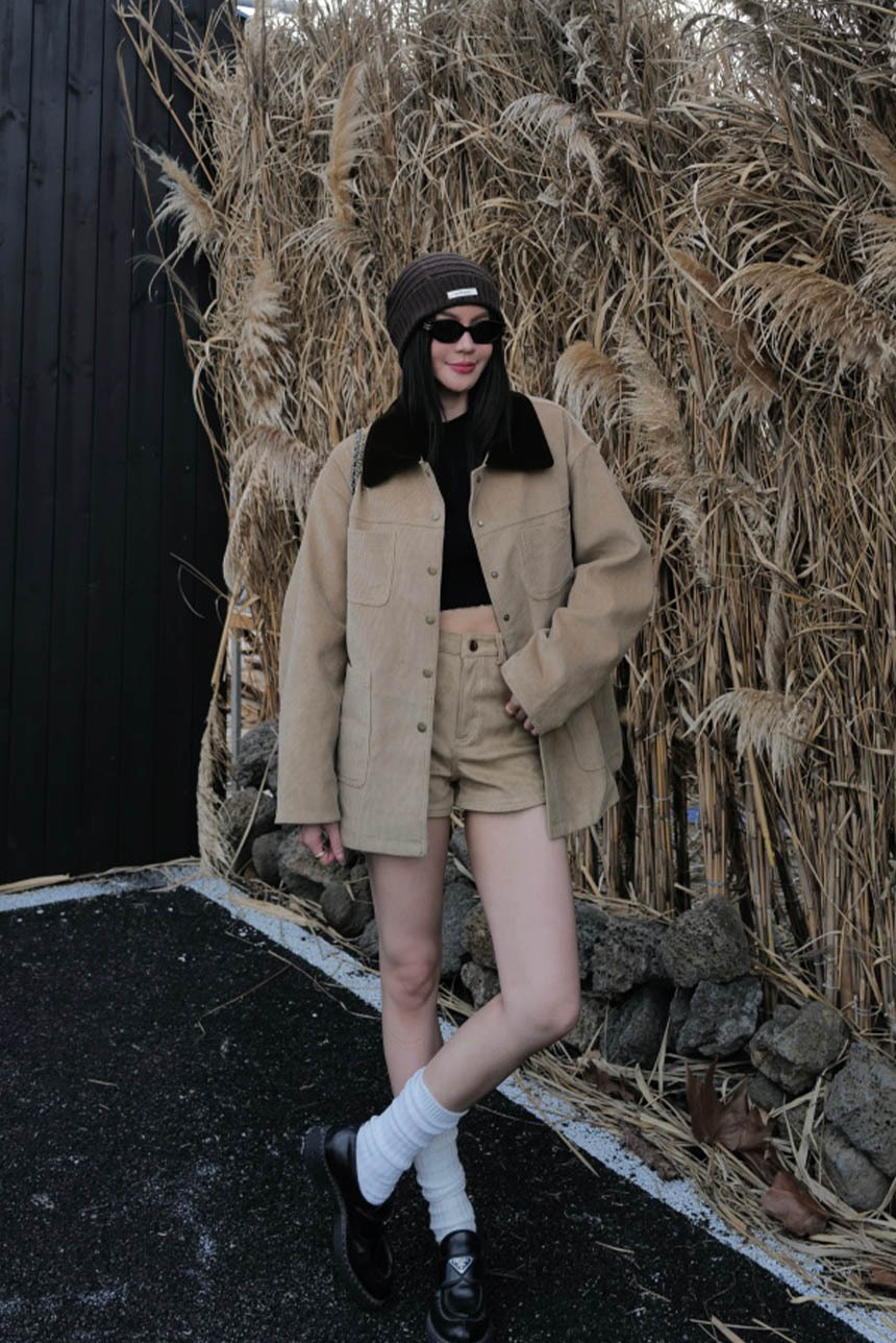 巴恩風燈芯絨拼接格子外套