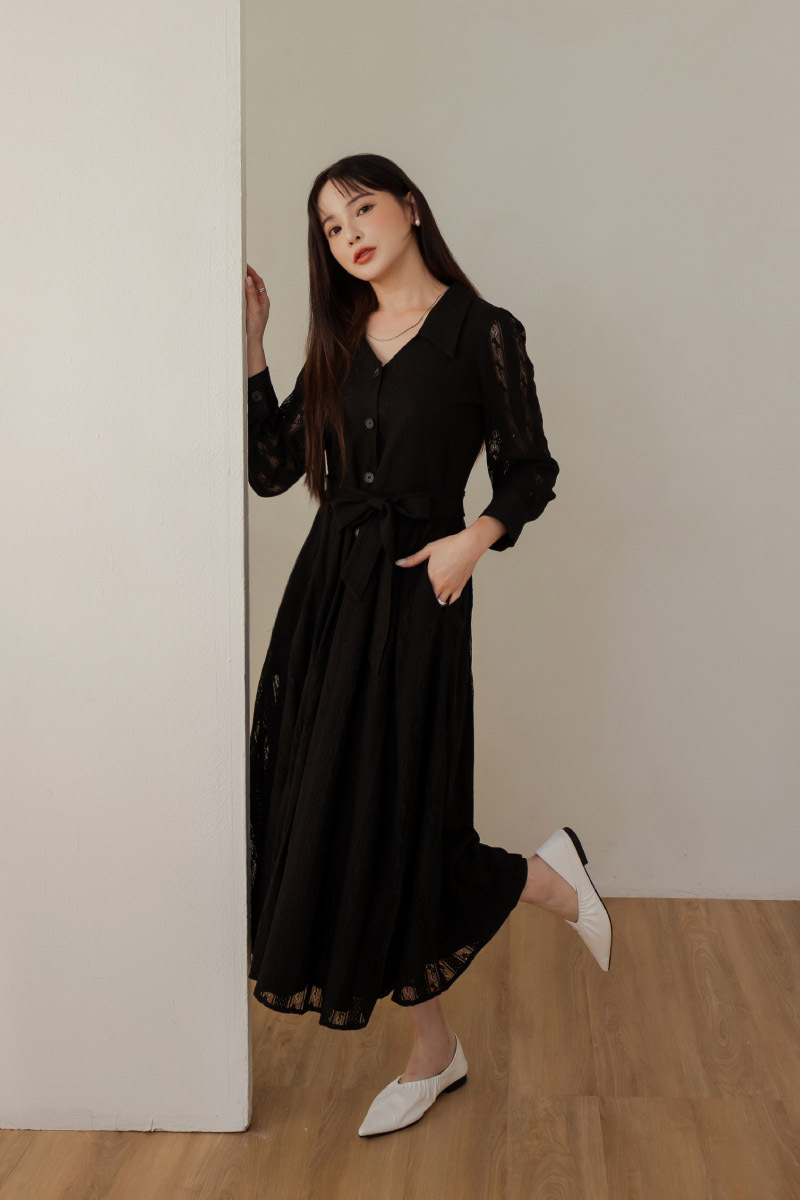 V領氣質緹花洋裝(附綁帶)