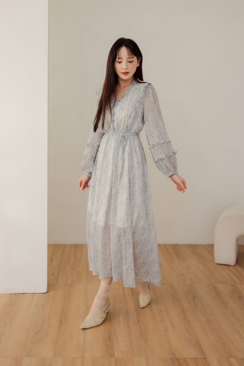 荷葉滾邊碎花洋裝(附綁帶)