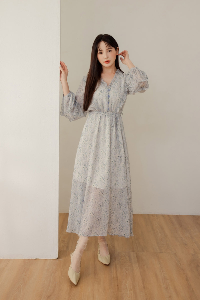 荷葉滾邊碎花洋裝(附綁帶)