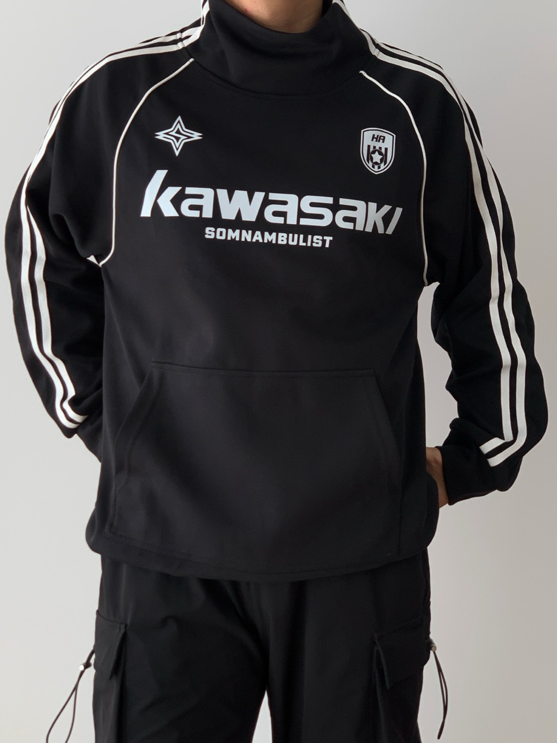 KAWASAKI 川崎 美式 長袖 拼接 抽繩衛衣