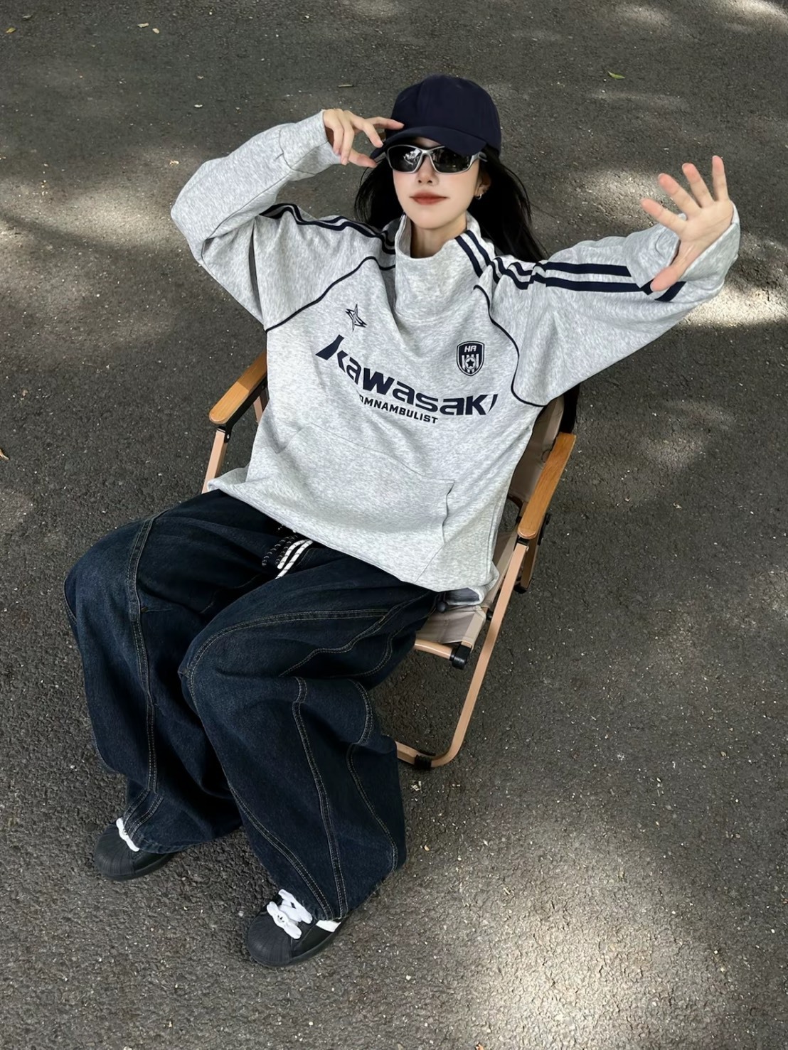 KAWASAKI 川崎 美式 長袖 拼接 抽繩衛衣