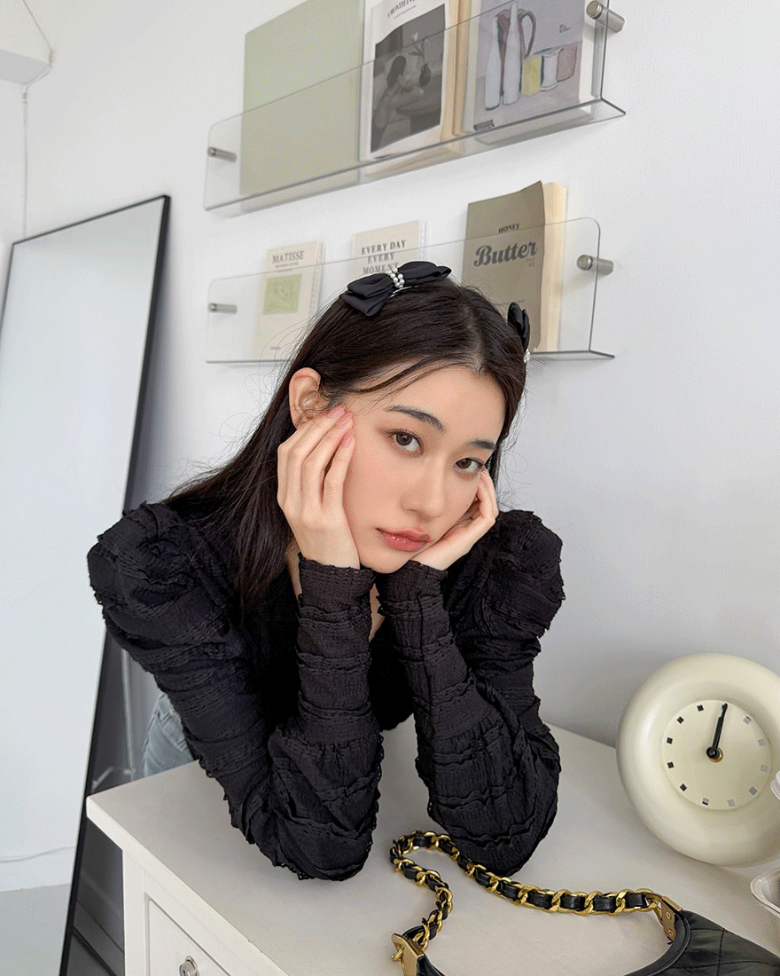 甜美加持雙層緞帶珍珠蝴蝶結髮夾一對-貴氣黑