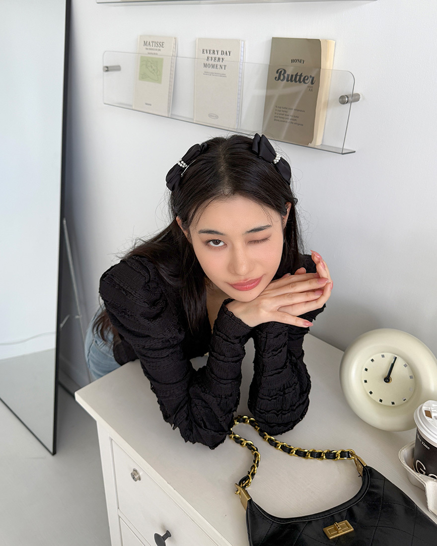 甜美加持雙層緞帶珍珠蝴蝶結髮夾一對-貴氣黑