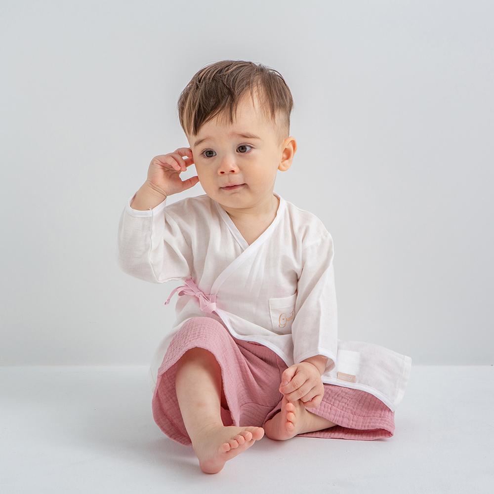 gunite極致棉柔美系列-成長型新生兒紗布衣｜S-M號(3M~3Y ) ｜粉帶白