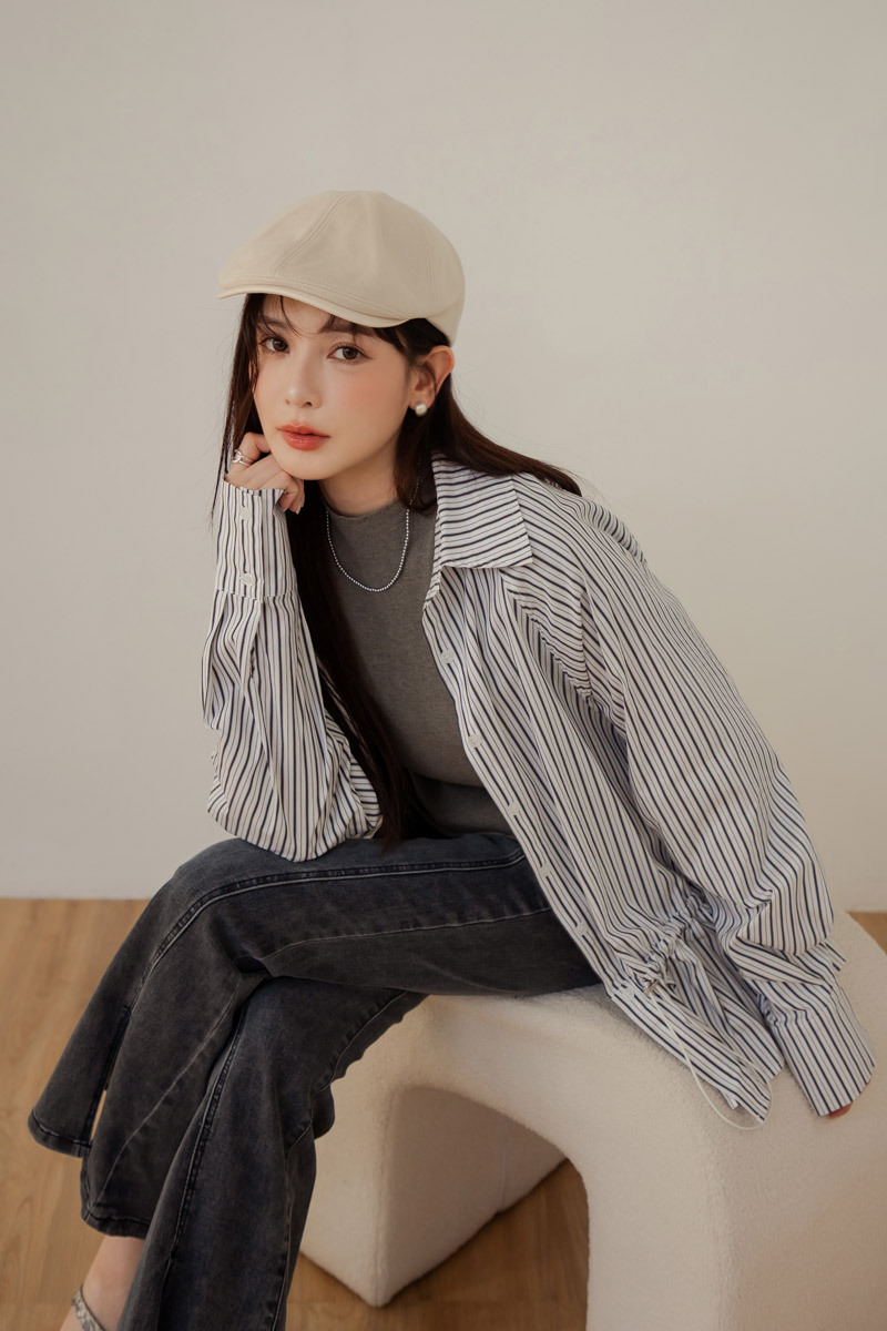 落肩抽繩長版條紋襯衫/外套