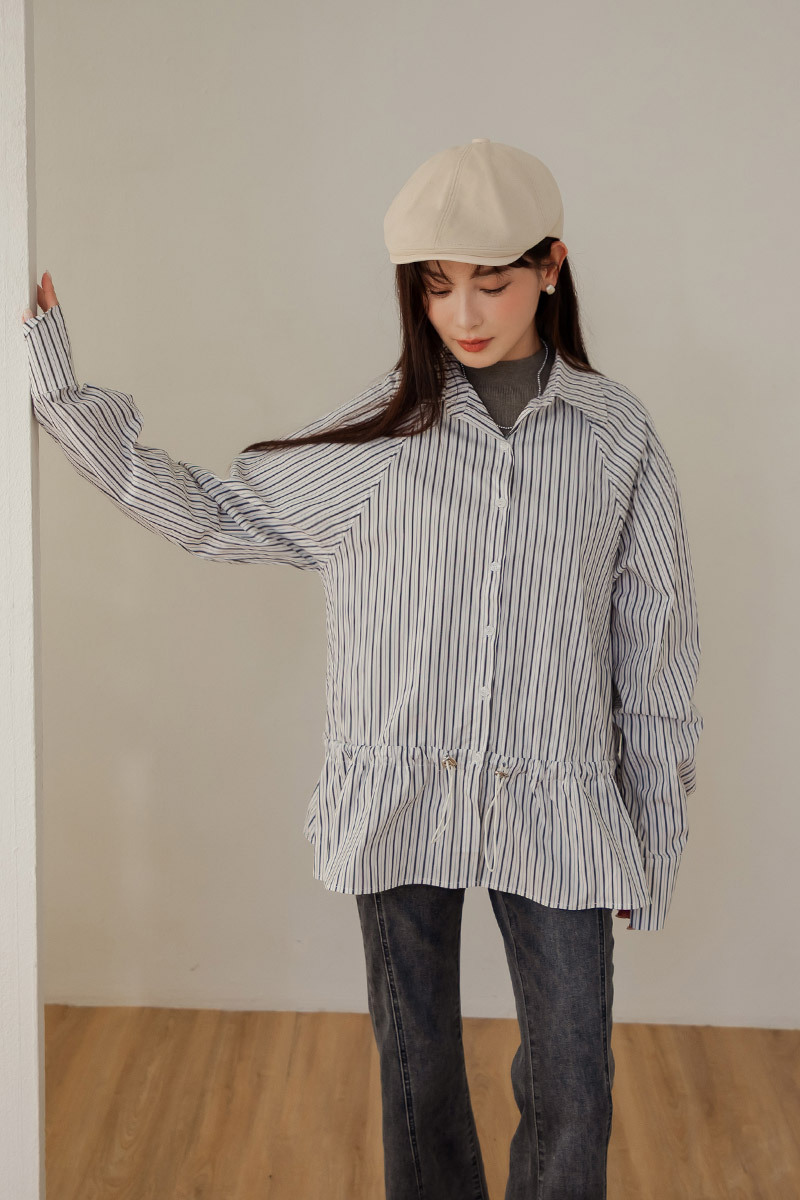 落肩抽繩長版條紋襯衫/外套